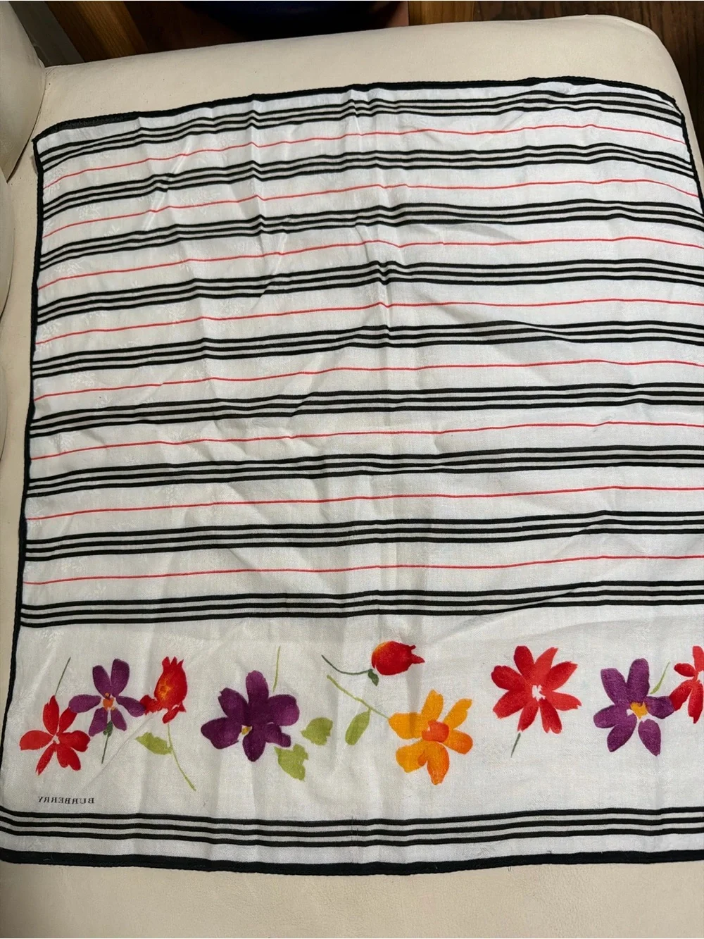 Burberry White Scarf with Black Stripes and Multicolor Floral Border
